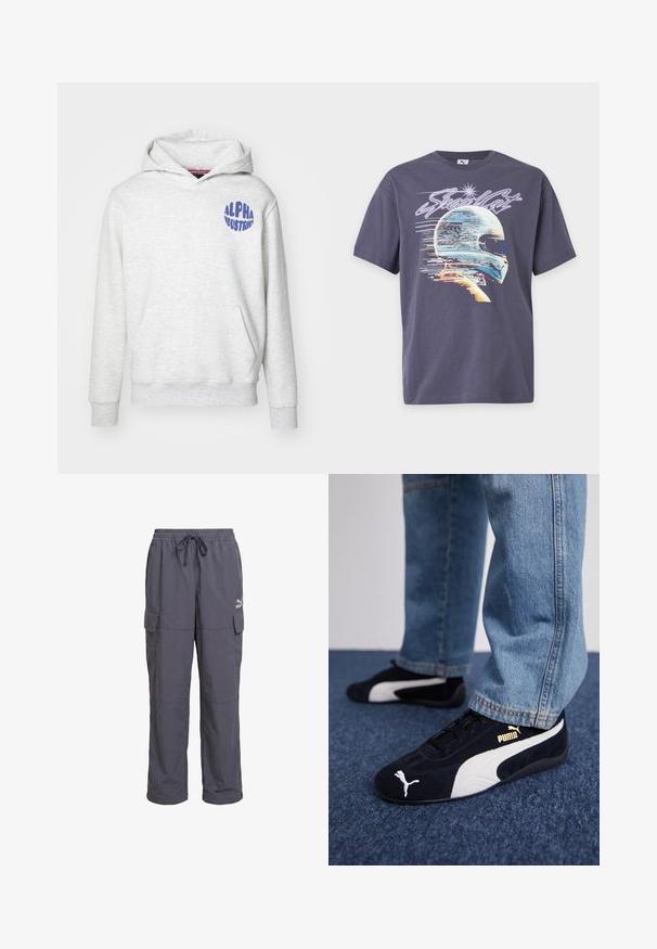 Svetlošedá mikina s kapucňou vyrobená z mäkkého materiálu. Obsahuje predné vrecko a modré logo "ALPHA INDUSTRIES" na hornej ľavej strane.; Tmavošedé tričko s digitálnym grafickým motívom pretekárskej prilby a slovom "Steadfast" nad ňou v štýlovom texte.; Tmavšie sivé voľné cargo nohavice s elastickým pásom, šnúrkou a klopovými vreckami na bokoch, s logom Puma na pravom stehne.; Čierne semišové tenisky s bielymi akcentmi, so zlatým logom. Nosené s svetlomodrými denimovými džínsy a položené na textúrovanej modrej ploche.