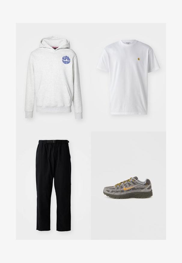 Svetlošedá mikina s kapucňou vyrobená z mäkkého materiálu. Obsahuje predné vrecko a modré logo "ALPHA INDUSTRIES" na hornej ľavej strane.; Biele bavlnené tričko s krátkymi rukávmi, okrúhlym výstrihom, s malým zlatým logom na ľavej strane hrude. Mäkká textúra a normálny strih.; Čierne, ľahké nohavice s priamym strihom, elastickým pásom, nastaviteľným opaskom a zosilnenými záplatami na kolenách. Bez viditeľných vzorov alebo akcentov.; Šedá semišová teniska so zlatými akcentmi, textúrovanými panelmi a zladenými šnúrkami. Má polstrovanú podrážku a detail loga na boku.