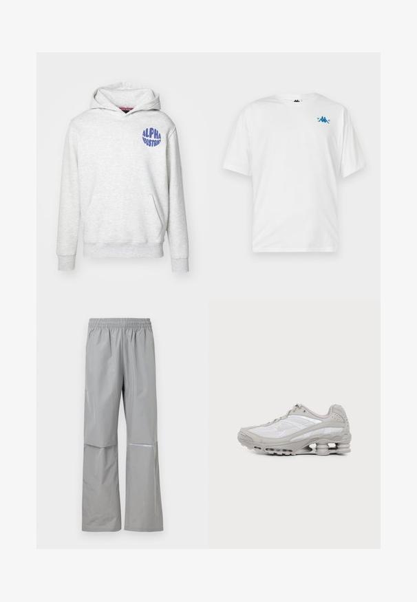 Sudadera gris claro hecha de material suave. Cuenta con un bolsillo delantero y un logo azul de "ALPHA INDUSTRIES" en la parte superior izquierda.; Camiseta blanca de manga corta con un pequeño logo azul y el texto "1967" en la parte superior izquierda del pecho, presentada sobre un fondo liso.; Pantalones impermeables de lluvia de color gris claro con cintura elástica y banda reflectante en la pierna derecha, diseñados para uso al aire libre.; Zapatilla deportiva gris y blanca con suela visible de amortiguación de aire y paneles de malla, mostrada de perfil sobre un fondo claro y sencillo.