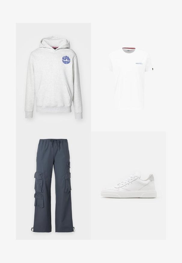 Svetlošedá mikina s kapucňou vyrobená z mäkkého materiálu. Obsahuje predné vrecko a modré logo "ALPHA INDUSTRIES" na hornej ľavej strane.; Biela bavlnená tričko s okrúhlym výstrihom, krátkymi rukávmi a modrým logom s textom "ALPHA INDUSTRIES" na oblasti ľavej hrudi.; Tmavohnedé cargo nohavice s elastickým pásom, mnohými veľkými vreckami po stranách a nastaviteľnými náplety na členkoch.; Biele kožené tenisky s hladkým povrchom, zaoblenou špičkou, plochými šnúrkami a textúrovanou podrážkou. Sivý semišový akcent na päte.