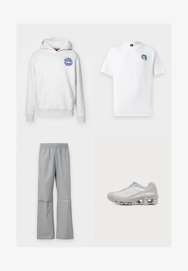 Svetlošedá mikina s kapucňou vyrobená z mäkkého materiálu. Obsahuje predné vrecko a modré logo "ALPHA INDUSTRIES" na hornej ľavej strane.; Biele tričko s krátkym rukávom s malou zelenou grafikou pohára a logom "The North Face" na ľavej strane hrudníka.; Svetlosivé nepremokavé nohavice s elastickým pásom a reflexnou páskou na pravej nohe, určené na vonkajšie použitie.; Šedá a biela športová teniska s viditeľnou podrážkou s vzduchovou vložkou a sieťovinovými panelmi, zobrazená v profile na jednoduchom svetlom pozadí.
