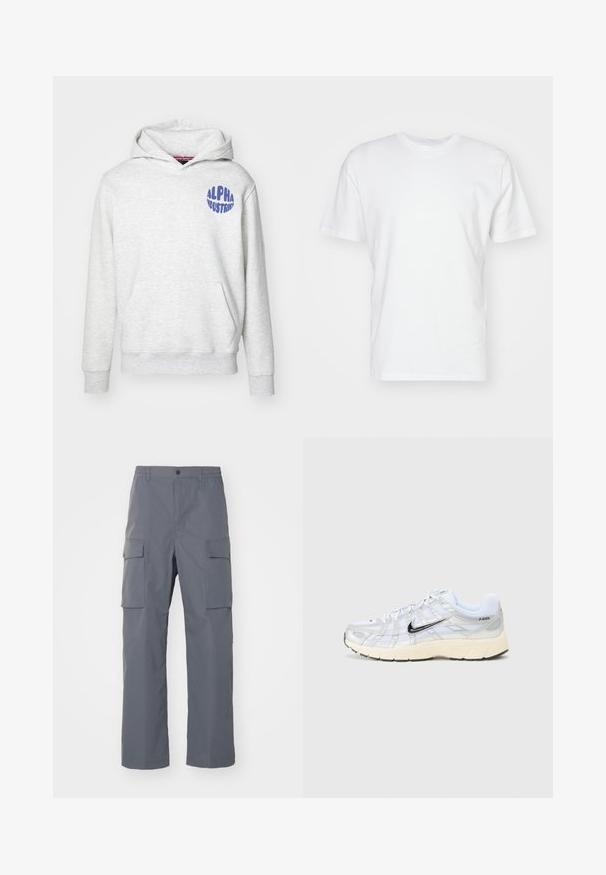 Heled hall sweatshirt, mis on valmistatud pehmest materjalist. Omab es frontend kotti ja sinist "ALPHA INDUSTRIES" logo vasakul ülemisel küljel.; Valge puuvillane t-särk lühikeste varrukatega, ümmarguse kaelusega ja siledat tekstuuri. Lihtne disain, ilma mustrite ja graafikateta.; Hallid hallid cargo püksid, mis on valmistatud vastupidavast kangast. Omadusteks on elastne vöökoht, kaks suurt külgetaskut ja sirge lõige.; Valged võrkketsid hõbedaste detailidega, must Nike swoosh, pehme krae ja tekstureeritud põhi. Omab kihilist disaini stabiilsuse tagamiseks.