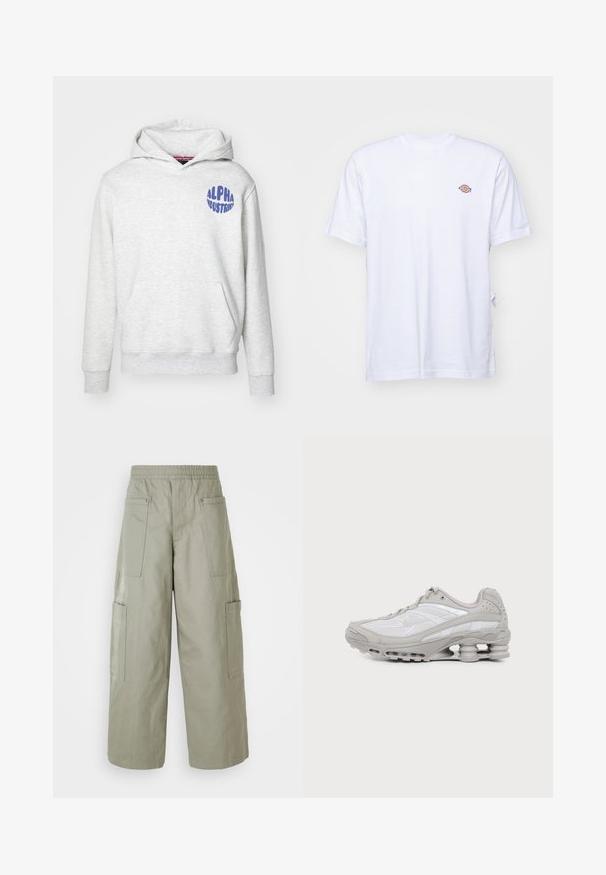 Svetlošedá mikina s kapucňou vyrobená z mäkkého materiálu. Obsahuje predné vrecko a modré logo "ALPHA INDUSTRIES" na hornej ľavej strane.; Biela bavlnená tričko s výstrihom do V a krátkymi rukávmi. Má malé farebne vyšívané logo na ľavej strane hrudi. Mäkká textúra.; Voľné olivovozelené cargo nohavice s elastickým pásom, viacerými vreckami a hladkou textúrou. Zúženie šírky na leme.; Šedá a biela športová teniska s viditeľnou podrážkou s vzduchovou vložkou a sieťovinovými panelmi, zobrazená v profile na jednoduchom svetlom pozadí.