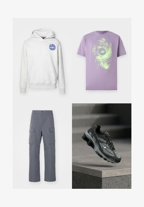 Lys grå hættetrøje lavet af blødt materiale. Har en forlomme og et blåt "ALPHA INDUSTRIES" logo på den øverste venstre side.; Lilla bomuld T-shirt med rund hals, der har et grønt abstrakt swirl-design og trykt logo "New Balance Athletics".; Grå cargo-bukser lavet af holdbart stof. Funktioner inkluderer en elastisk talje, to store sidelommer og en lige benudskæring.; Grå og sort atletiksko med meshpaneler og tyk sål, placeret i luften over en betonliste med trapper i baggrunden.