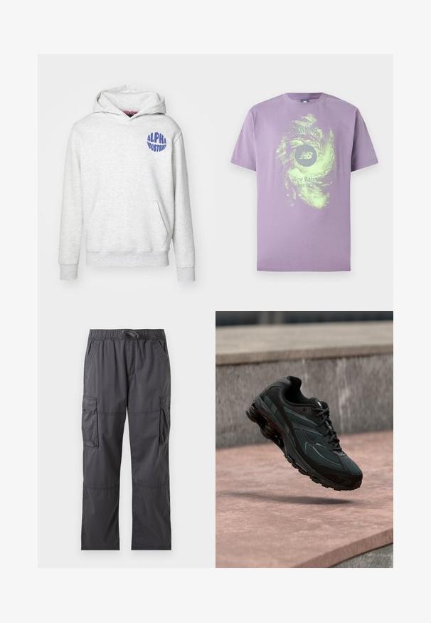 Heled hall sweatshirt, mis on valmistatud pehmest materjalist. Omab es frontend kotti ja sinist "ALPHA INDUSTRIES" logo vasakul ülemisel küljel.; Lavendlipunane puuvillane T-särk ümar-kaelusega, millel on roheline abstraktne keerlev mustriga ja trükitud "New Balance Athletics" logo.; Tumehallid tööpüksid elastse vöökoha, nöörluku, küljetaskute ja klapitaskutega igal reiel, esitatud lahtiselt valgel taustal.; Must sportlik toss nähtava õhkpadi keskmise tallaga, hõljudes roosa kivipinna kohal, mille taustal on hall kivimüür.