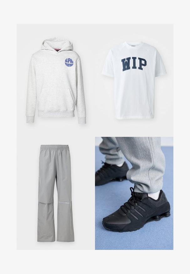 Heled hall sweatshirt, mis on valmistatud pehmest materjalist. Omab es frontend kotti ja sinist "ALPHA INDUSTRIES" logo vasakul ülemisel küljel.; Valge puuvillane T-särk, mille esipooles on tumesinised "WIP" kirjad. Omab raglansleeve'd ja ümarat kaelust. Sile tekstuur.; Helehallid veekindlad vihmapüksid elastse vöökohaga ja parema sääre peal peegeldusribaga, mõeldud kasutamiseks õues.; Isik mustade Nike Shox tossudega ja hallides dressipükstes seisab helesinise vaiba peal.