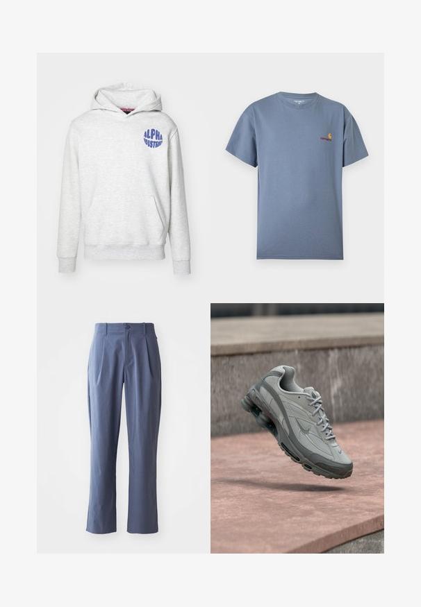 Svetlošedá mikina s kapucňou vyrobená z mäkkého materiálu. Obsahuje predné vrecko a modré logo "ALPHA INDUSTRIES" na hornej ľavej strane.; Pevné tričko s krátkym rukávom a okrúhlym výstrihom v farbe bridlicovo modrej s malým červeno-žltým logom Carhartt na ľavej strane hrudníka.; Námornícke modré nohavice s záhybmi, rovného strihu, vyrobené z ľahkého materiálu, s jedným predným gombíkom a pútkami na opasok.; Sivá a biela teniska Nike zavesená nad kamenným schodom s viditeľným vzduchovým odpružením a textúrovanou podrážkou.