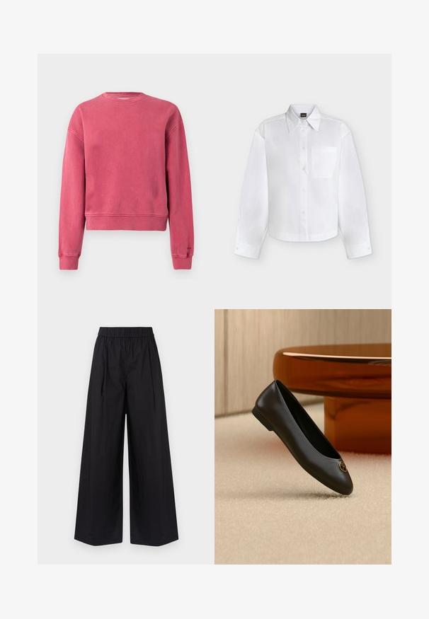 Sweat-shirt court rose avec manches longues, encolure ronde, poignets et ourlet côtelés. Texture lisse avec un aspect légèrement délavé.; Chemise blanche à manches longues boutonnée, avec col pointu et poche poitrine, présentée sur un fond clair uni.; Pantalon large noir en tissu lisse, avec une taille élastique et sans poches visibles ni détails en métal.; Ballerine plate en cuir noir avec un bout rond et un emblème de logo doré près du bout, présentée sur un tapis beige et un fond de meubles marron.