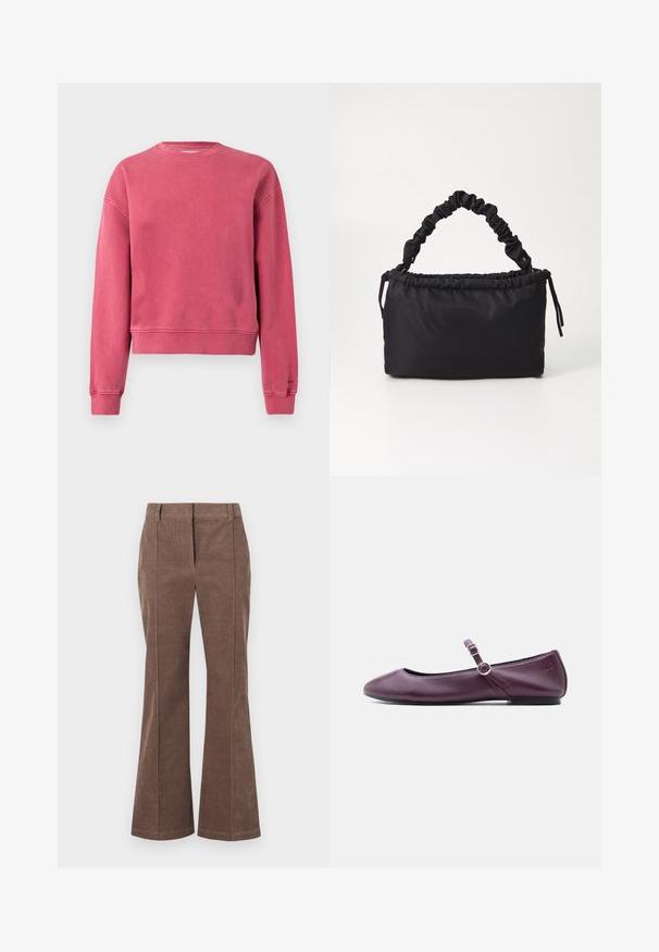 Sweat-shirt court rose avec manches longues, encolure ronde, poignets et ourlet côtelés. Texture lisse avec un aspect légèrement délavé.; Pantalons en velours côtelé marron à jambes droites avec un pli devant et passants de ceinture, présentés sur un fond blanc.; Chaussure plate Mary Jane en cuir bordeaux avec un bout arrondi, une bride à double boucle et un petit logo embossé sur le côté du talon.; Sac noir en tissu doux et lisse. Présente une anse froncée et un système de fermeture à cordon, avec une forme rectangulaire et aucun matériel visible.
