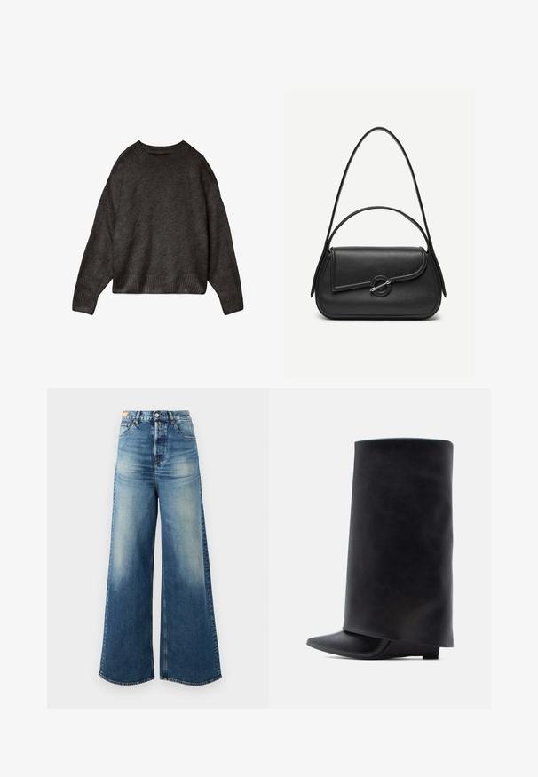 Mørkegrå sweater lavet af blødt stof, med rund hals, dropped skuldre og ribbet kant og manchetter. Enkelts design, ingen mønstre.; Bredde ben blue denim jeans med en falmet finish, høj talje og klassisk fem-lomme design. Har kobber hardware og flossede kanter.; Sorte læderankelstøvler med høj cylindrisk skaft, spids snude og lav flad hæl, der har en glat tekstur og et minimalistisk design.; Sort læderhåndtaske med afrundede kanter, asymmetrisk klap, metalcirkulært spænde samt både korte og lange skulderstropper.