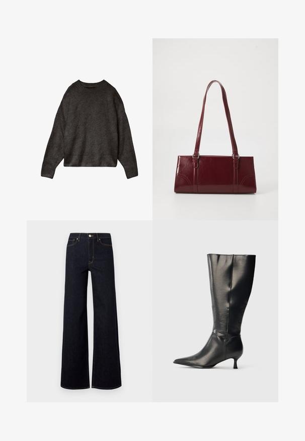 Mørkegrå sweater lavet af blødt stof, med rund hals, dropped skuldre og ribbet kant og manchetter. Enkelts design, ingen mønstre.; Mørkeblå brede jeans lavet af denim, med høj talje, kontraststing og en enkelt metalknap foran.; Sort knæhøj læderstøvle med spids tå og lav kittenhæl, vist på en enkel lys baggrund.; Bordeaux håndtaske lavet af glansfuldt materiale, rektangulær form, med to skulderremme og subtile buede detaljer på forsiden.