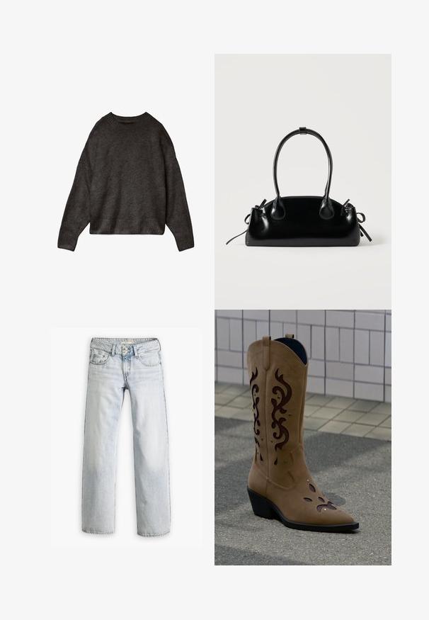 Mørkegrå sweater lavet af blødt stof, med rund hals, dropped skuldre og ribbet kant og manchetter. Enkelts design, ingen mønstre.; Lyseblå denimjeans med en afslappet pasform, høj talje og fem-lomme design. Har syning detaljer og knaplukning.; Tan ruskind cowboystøvle med mørkebrune dekorative udskæringer og syninger, stående på fortov foran en flisebelagt væg.; Lille sort blank håndtaske med to lange håndtag og snøre-detaljer i siden på en ensfarvet lys baggrund.