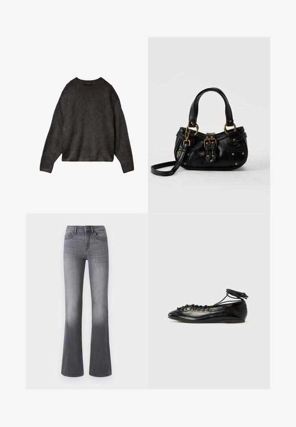 Mørkegrå sweater lavet af blødt stof, med rund hals, dropped skuldre og ribbet kant og manchetter. Enkelts design, ingen mønstre.; Højtaljede, brede jeans i mørkegråt denim med forlommer, knaplukning og subtilt falmede effekter mod kanten.; Sorte balletflade sko i laklæder med rundet tå, snørelukning og flad sål. Glat tekstur med få detaljer.; Sort læderhåndtaske med guldbælge og nitdetaljer, korte håndtag og en justerbar skulderrem på en ensfarvet hvid baggrund.