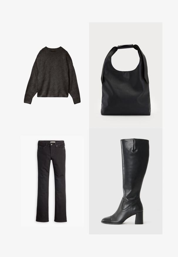 Mørkegrå sweater lavet af blødt stof, med rund hals, dropped skuldre og ribbet kant og manchetter. Enkelts design, ingen mønstre.; Sorte jeans lavet af denim, med lige ben-design, standard talje, fem lommer og diskrete syninger.; Sorte knæ-høje støvler lavet af blank læder med blokhæle, der har spidse tåer og et sømløst design. Glat tekstur hele vejen igennem.; Sort læderhåndtaske med en stor åben top og en enkelt skulderrem. Blød tekstur, minimalistisk design, indeholder diskrete metalaccenter.