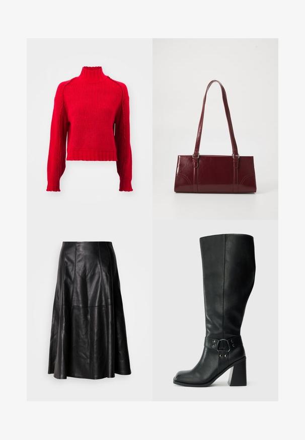 Vero Moda VMMARIE HIGHNECK - Pullover - salsa; Jupe en cuir noir avec une silhouette évasée, présentant des coutures visibles et une texture lisse. Conception mi-longue avec une coupe classique.; Bottes en cuir noires arrivant au genou, avec un bout carré, un large talon et une sangle décorative avec des accents métalliques autour de la cheville. Texture lisse.; Sac à main bordeaux en matériau brillant, de forme rectangulaire, avec deux anses et des accents légèrement courbés à l'avant.