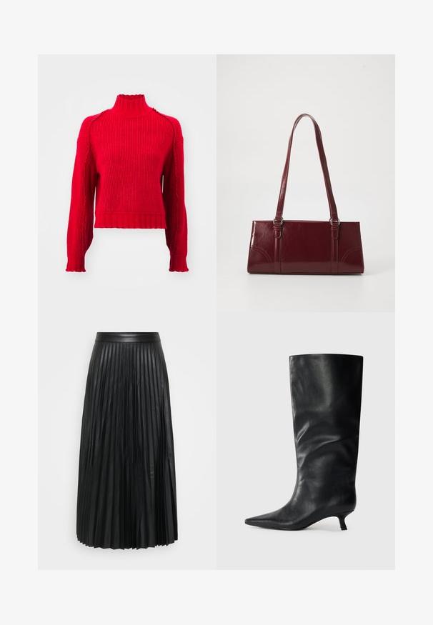 Vero Moda VMMARIE HIGHNECK - Πουλόβερ - salsa; Μαύρη πλισέ φούστα από συνθετικό δέρμα, με κάθετες πτυχές, λείο πανωφόρι και σχέδιο που φτάνει μέχρι το πάτωμα.; Μαύρη δερμάτινη μπότες μέχρι το γόνατο με μυτερή μύτη και χαμηλό τακούνι kitten, τοποθετημένη σε απλή ανοιχτό φόντο.; Μπορντό τσάντα ώμου από γυαλιστερό υλικό, ορθογώνιο σχήμα, με δύο ιμάντες ώμου και λεπτές καμπύλες λεπτομέρειες στο μπροστινό μέρος.