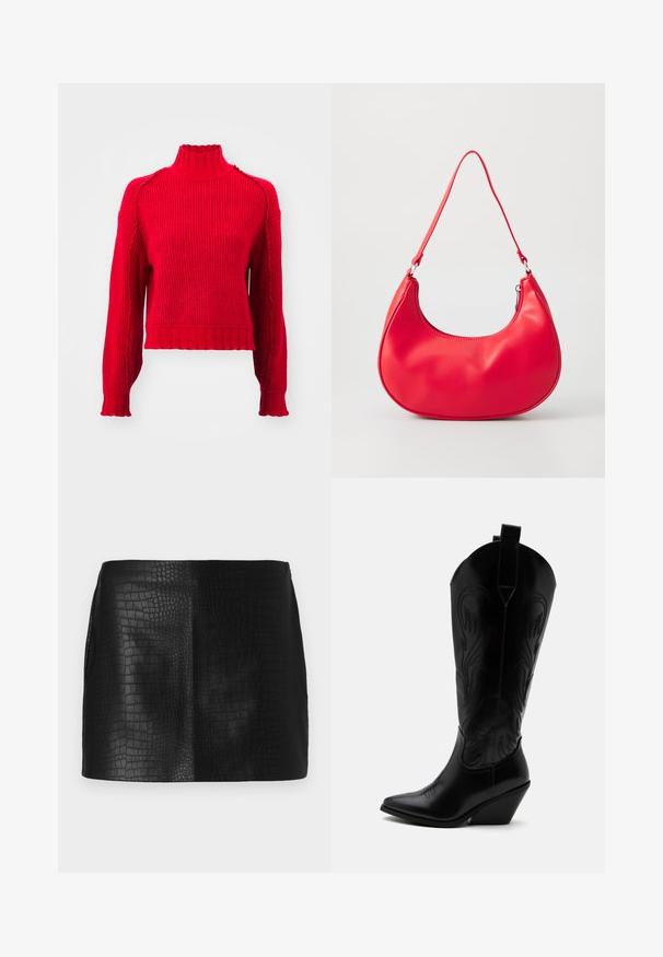 Vero Moda VMMARIE HIGHNECK - Πουλόβερ - salsa; Μαύρη εικονική δερμάτινη μίνι φούστα με υφή κροκόδειλου, με λείο φινίρισμα και εφαρμοστή γραμμή χωρίς ορατό υλικό.; Μαύρη δερμάτινη καουμπόικη μπότα με μυτερή μύτη, κεκλιμένο τακούνι τύπου μπλοκ, διακοσμητική ραφή και θηλιές στην κορυφή με φόντο το λευκό.; Κόκκινη συνθετική δερμάτινη τσάντα ώμου με καμπύλο σχήμα, λεπτό λουρί και κλείσιμο με φερμουάρ. Λείο υλικό με εμφανείς ραφές.