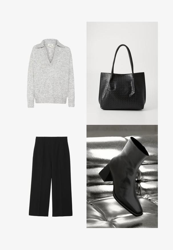Lys grå v-hals sweater med krave. Blødt, struktureret stof. Lange ærmer, ribkant. Subtil mønster i materialet.; Sorte breddebenede bukser lavet af glat stof, med to forlommer, flad front og lynlås lukning på siden.; Sorte ankelstøvler lavet af glossy materiale med firkantet tå og spidse hæle, sat mod en skinnende sølv tuftet baggrund.; Sort vævet læder tote bag med to håndtag, struktureret form og subtil glansfinish på en ensfarvet lys baggrund.