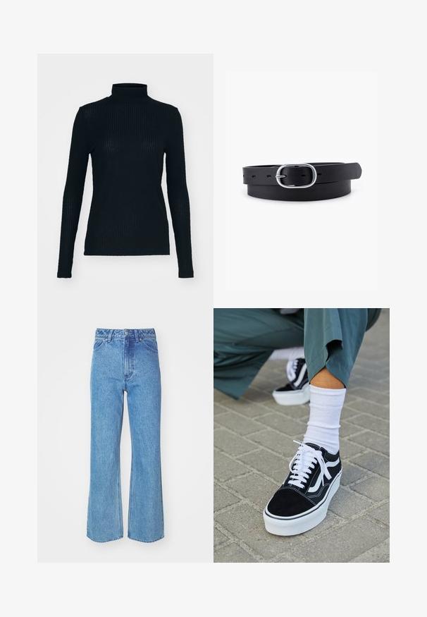 Sort, langærmet turtleneck-top lavet af ribbet stof, der har et tætsiddende design og høj hals. Glat tekstur med en subtil glans.; Lyseblå denimjeans med høj talje, løs pasform og vide ben. Funktioner omfatter en klassisk knappelukning og forlommer.; Sorte ruskinds sneakers med hvide accenter og snørebånd, der har en tyk hvid sål og kontrasterende syninger, parret med en hvid sok.; Sort læderbælte med en glat overflade, oval sølvmetalspænde og flere justeringshuller langs stroppen. Flad, minimalistisk design.