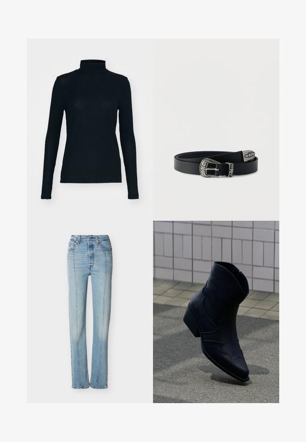 Zwarte, langmouwturtleneck gemaakt van ribbelstof, met een aansluitend ontwerp en hoge hals. Soepele textuur met een subtiele glans.; Lichtblauwe, rechte jeans met hoge taille, voorste naden, knoopsluiting en ontwerp met vijf zakken op een witte achtergrond.; Zwarte leren enkellaars met lage hak, decoratieve stiksels en puntige neus, rechtop geplaatst op een betegelde ondergrond naast een betegelde muur.; Zwarte leren riem met sierlijke zilveren gesp, lus en uiteinde voorzien van bloemrijke en decoratieve gravures, opgerold op een witte achtergrond.