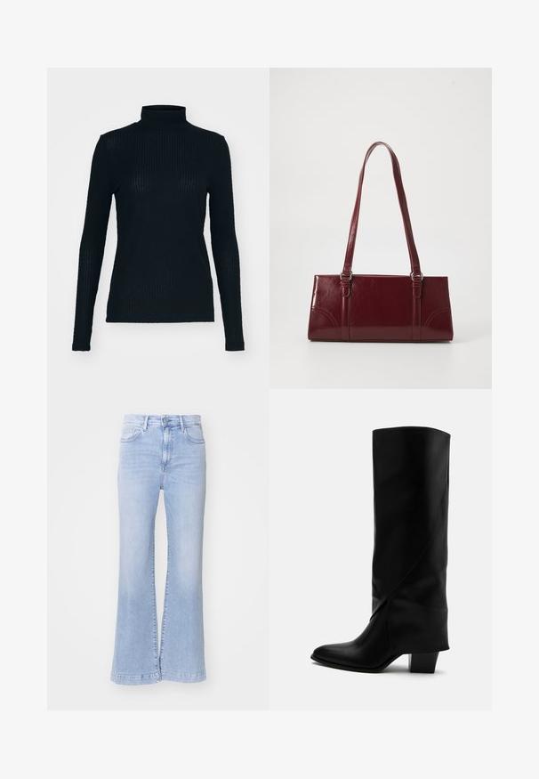 Sort, langærmet turtleneck-top lavet af ribbet stof, der har et tætsiddende design og høj hals. Glat tekstur med en subtil glans.; Lysblå flagrende jeans med høj talje, denimtekstur, forlommer og knaplukning. Ren afslutning ved kanten.; Høj sort læderstøvle med skråt syning, spids tå og kraftig mellemhøj hæl på hvid baggrund.; Bordeaux håndtaske lavet af glansfuldt materiale, rektangulær form, med to skulderremme og subtile buede detaljer på forsiden.