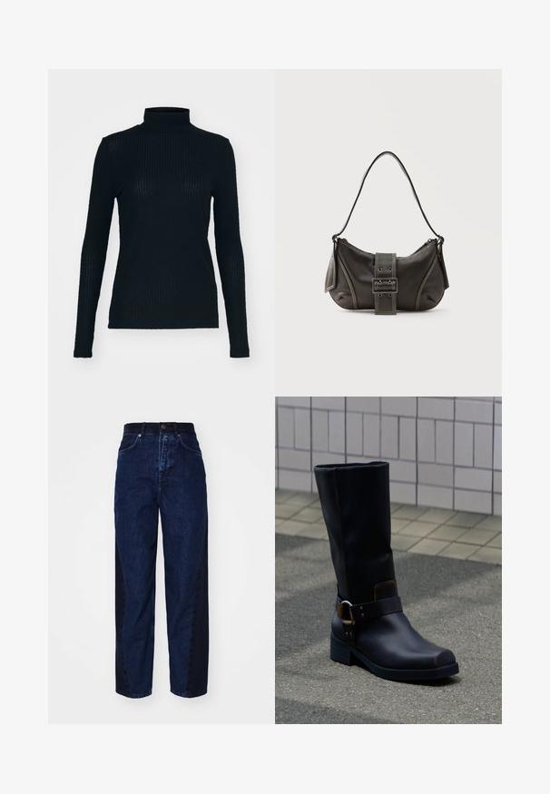 Sort, langærmet turtleneck-top lavet af ribbet stof, der har et tætsiddende design og høj hals. Glat tekstur med en subtil glans.; Mørkeblå denim jeans med en afslappet pasform, der har et kontrasterende mørkere sidepanel, fem lommer og en knapgylp.; Sort midt på læggen læderstøvle med lav hæl og dekorativ rem med metalspænde, stående på en grå belagt overflade nær en flisevæg.; Sort læder skuldertaske med spænde på remmen, afrundede kanter og kontrasterende hvide syninger på en ensfarvet baggrund.
