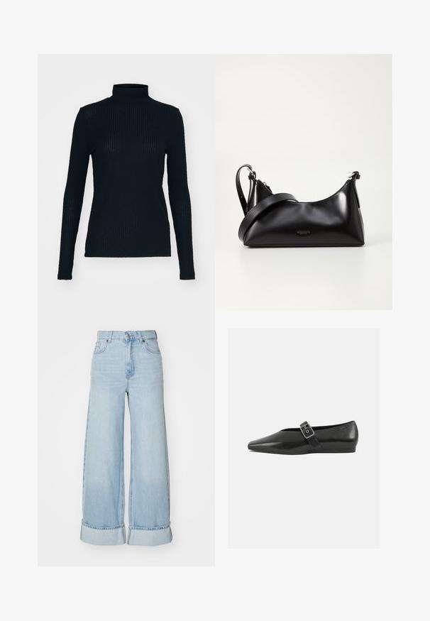 Sort, langærmet turtleneck-top lavet af ribbet stof, der har et tætsiddende design og høj hals. Glat tekstur med en subtil glans.; Lysblå brede jeans med høj talje, opsmøgede ben og klassisk denimtekstur. Har frontlommer og lynlås lukning.; Sorte læder flade sko med spidse tæer, prydet med en metallisk spænde over vristen og en lav, fleksibel sål.; Sort læderhåndtaske med en glat tekstur. Har en justerbar stropp og et enkelt, minimalistisk design med lynlås.