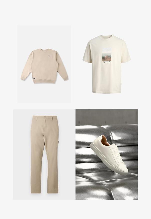 Sweat-shirt beige à col rond en tissu doux, avec un petit écusson logo sur la poitrine et une étiquette de marque sur l'ourlet inférieur.; T-shirt couleur crème avec un graphisme d'un quai en bois surplombant une eau calme et le texte « Originals Studio » sous l'image.; Pantalons en coton beige avec une coupe droite, dotés d'une fermeture à bouton à l'avant et de détails de couture subtils. Texture lisse, sans motifs.; Baskets basses blanches flottant au-dessus d'une surface en cuir argenté brillant capitonnée.