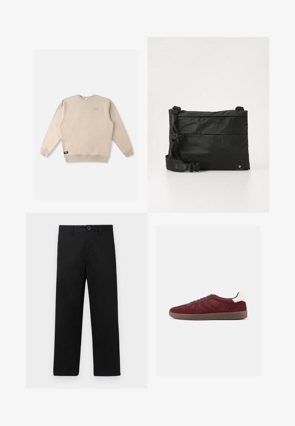 Sweat-shirt beige à col rond en tissu doux, avec un petit écusson logo sur la poitrine et une étiquette de marque sur l'ourlet inférieur.; Pantalon en coton noir coupe droite, avec une taille standard, des passants de ceinture et une fermeture à un bouton. Texture lisse, sans motifs.; Baskets en daim bordeaux avec fermeture à lacets, détails texturés sur les côtés et accent de talon clair. Semelle en gomme avec une finition lisse.; Sac messager en nylon noir avec une sangle réglable, un design plat et une étiquette latérale arborant un logo. Texture lisse et style minimaliste.