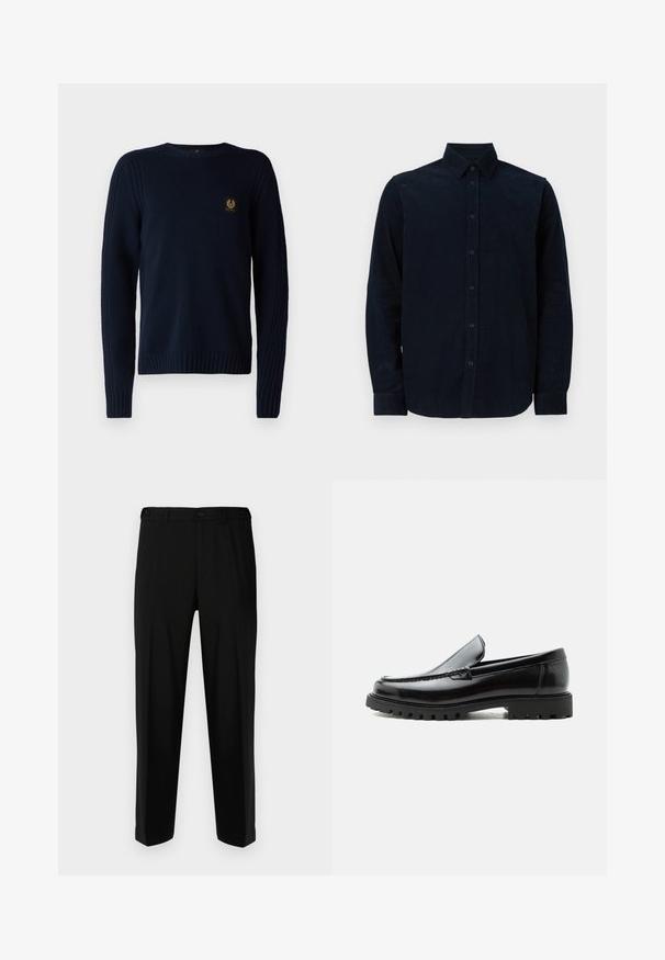 Belstaff WATCH CREWNECK JUMPER - Pullover - dark ink; Chemise à manches longues bleu marine en tissu texturé, avec un devant boutonné, un col pointu et des poignets boutonnés.; Pantalon noir en tissu lisse, présentant une coupe droite, deux poches avant et une fermeture à glissière avec bouton.; Mocassin en cuir noir avec semelle en caoutchouc épaisse, dessus cousu et nom de marque embossé sur le talon, présenté de profil sur fond blanc.