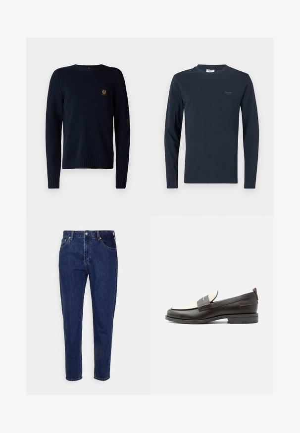 Belstaff WATCH CREWNECK JUMPER - Svetrík - dark ink; Dlhý rukáv tričko v tmavomodrom bavlnenom prevedení s okrúhlym výstrihom. Obsahuje jemné logo "JOOP! JEANS" na hrudi. Hladká textúra a jednoduchý dizajn.; Tmavomodré rifľové nohavice rovného strihu s predným zapínaním na gombík a zips, s pútkami na opasok a prednými aj zadnými vreckami.; Pánsky tmavohnedý kožený mokasín s krémovým textilným panelom a klasickým prešitým remienkom, plochou podrážkou a ťaháčikom na päte.