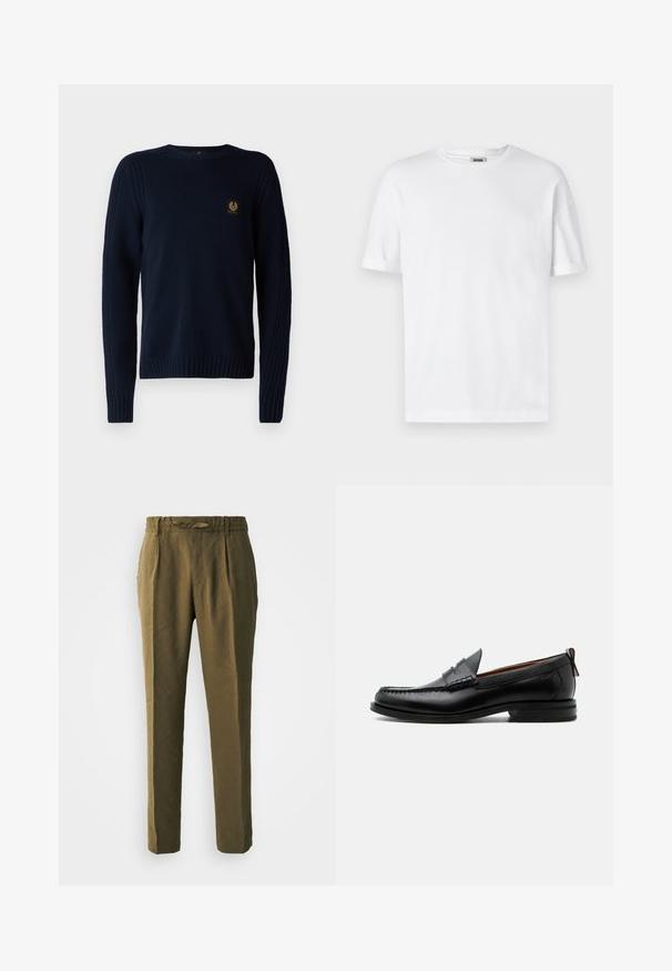 Belstaff WATCH CREWNECK JUMPER - Trui - dark ink; Witte katoenen t-shirt met een ronde hals, korte mouwen en omgeslagen mouwen; ongecompliceerd ontwerp, zachte textuur en rechte snit.; Olijfgroene broeken van zacht materiaal, met een ontspannen pasvorm, geplooide voorkant en een elastische tailleband met een bijpassend trekkoord.; Zwarte leren herensloffen met moc toe stiksel, pennyriem, gestructureerde kraag en lage gestapelde hak op witte achtergrond.