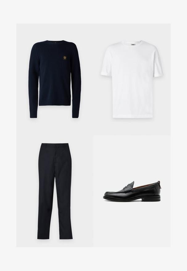 Belstaff WATCH CREWNECK JUMPER - Jersey de punto - dark ink; Camiseta de algodón blanca con cuello redondo, mangas cortas y puños enrollados; diseño sin adornos, textura suave y corte recto.; Pantalones azul marino de tejido suave, con un diseño de pierna recta, cierre de un solo botón y suaves plisados en la parte frontal.; Mocasín de hombre de piel negra con costura moc toe, tira penny, cuello texturizado y tacón bajo apilado sobre fondo blanco.