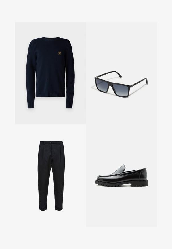 Belstaff WATCH CREWNECK JUMPER - Svetrík - dark ink; Čierne nohavice z hladkej látky, s plisovaným predným dielom, zúženým strihom a rolled cuffs. Jednoduché zapínanie na gombík v páse.; Čierny kožený mokasín s hrubou gumovou podrážkou, prešitý zvršok a vyrazeným názvom značky na päte, zobrazený z bočného profilu na bielom pozadí.; Čierne obdĺžnikové slnečné okuliare s gradientovými šošovkami prechádzajúcimi od tmavej k svetlej. Plastové rámy s elegantným dizajnom a minimálnymi detailmi na stranách.