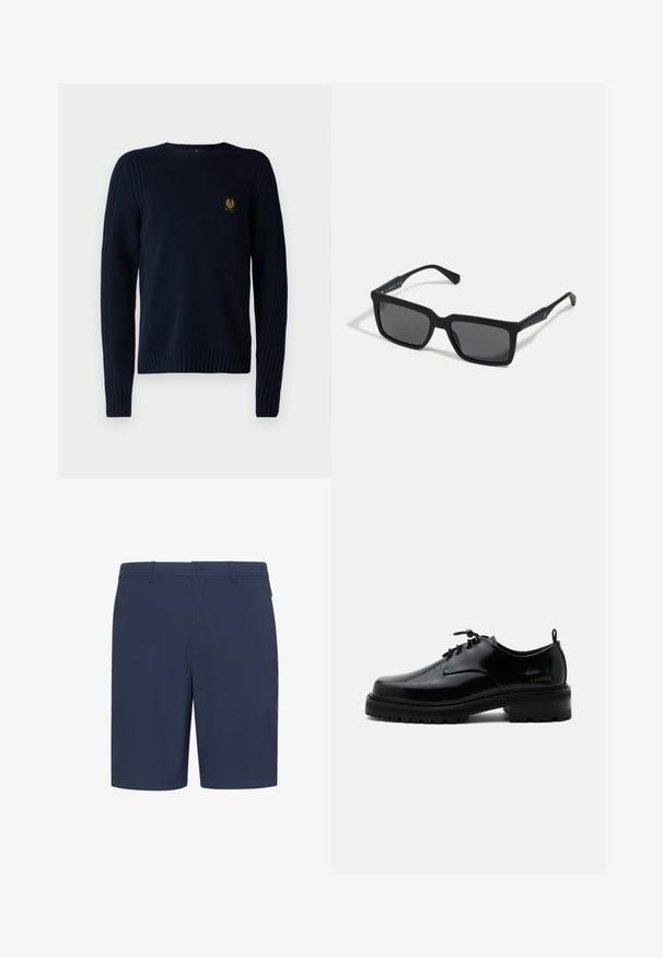 Belstaff WATCH CREWNECK JUMPER - Džemper - dark ink; Tumesinised lühikesed püksid, valmistatud kerge kangaga, millel on lame esiosa, vööaasad ja nööp-kinnitus, sobivad vabaaja kandmiseks.; Mustast poleeritud nahast paeltega jalanõu paksu kummist tallaga ja madala kontsaga, küljes brändi nimi „SAMSOE“ ning taga tõmbenööriga.; Mustad musta raamiga päikeseprillid, millel on ristkülikukujulised objektiivid, matt viimistlus, paksud raami ja peened käepidemed, millel on peen brändimise detail.