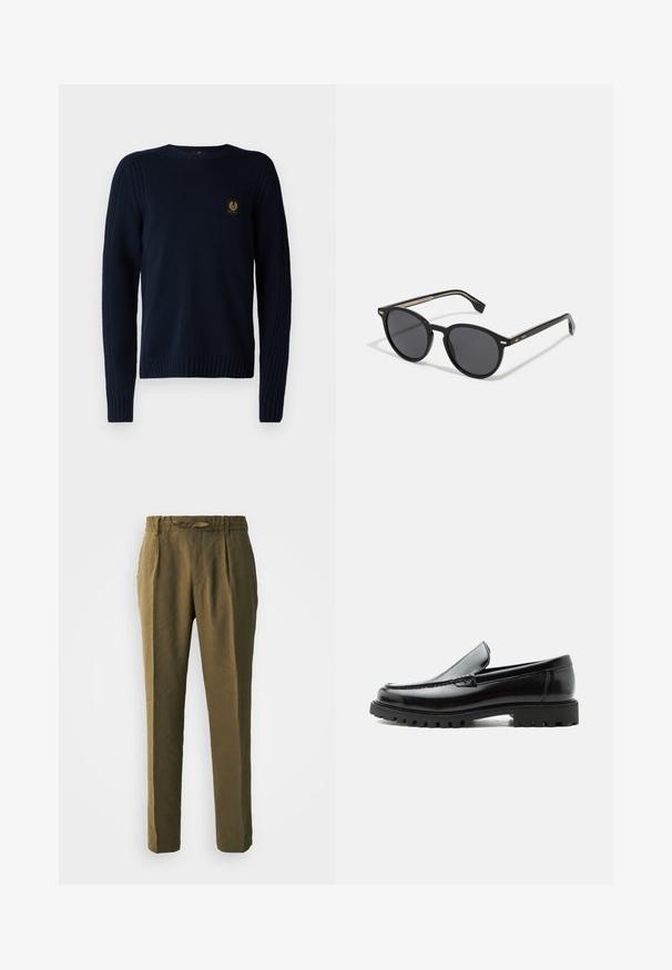 Belstaff WATCH CREWNECK JUMPER - Striktrøje - dark ink; Olivenfarvede bukser lavet af blødt materiale, med en afslappet pasform, plisseret front og elastisk talje med en matchende snor.; Sort læderloafer med chunky gummisål, syet overdel og præget mærkenavn på hælen, vist i sideprofil på hvid baggrund.; BOSS Solbriller - black