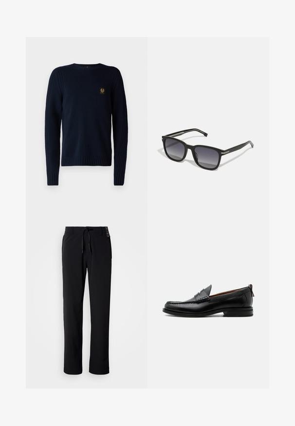 Belstaff WATCH CREWNECK JUMPER - Striktrøje - dark ink; Sorte, letvægtsbukser med lige ben. Har elastiksnøre i taljen og en glat tekstur. Velegnede til afslappet brug.; Sort læder herre loafer med moc-tå syning, penny strop, struktureret krave og lav stablet hæl på hvid baggrund.; BOSS Solbriller - black