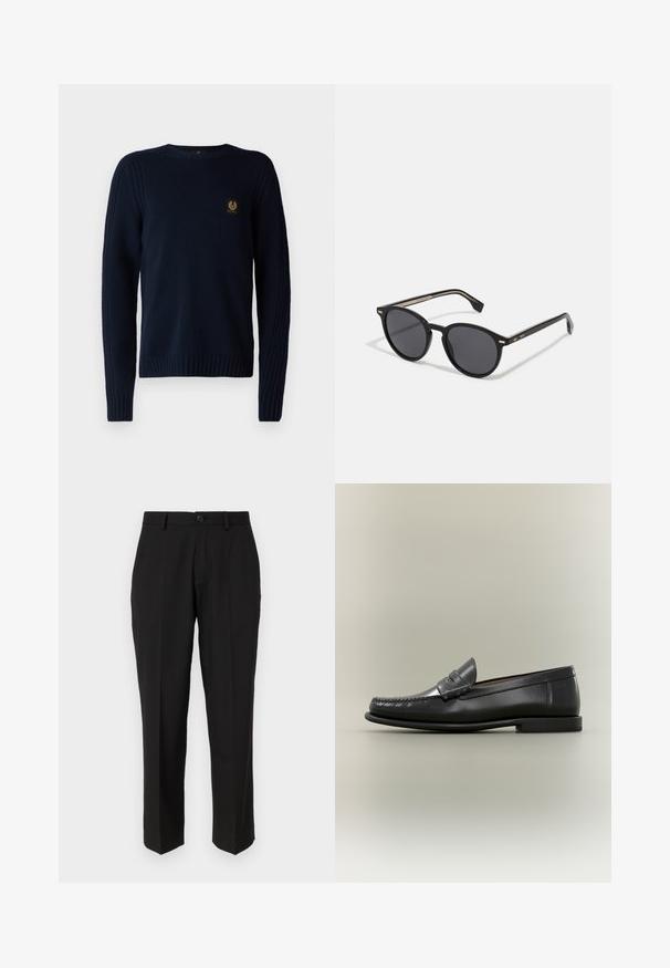 Belstaff WATCH CREWNECK JUMPER - Pullover - dark ink; Pantalon noir en tissu lisse, présentant une coupe droite, des poches avant, un bouton simple de fermeture et sans motifs visibles.; Mocassin pour homme en cuir noir avec un design moc-toe, une lanière à monnaie et un talon bas sur un fond neutre.; BOSS Lunettes de soleil - black