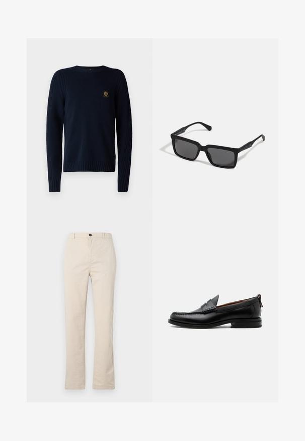 Belstaff WATCH CREWNECK JUMPER - Striktrøje - dark ink; Lyse beige bomuldsbukser med lige ben-design, der har en frontknaplukning, lynlåslukning og minimale syninger.; Sort læder herre loafer med moc-tå syning, penny strop, struktureret krave og lav stablet hæl på hvid baggrund.; Sorte solbriller med rektangulære linser, mat finish, tykke stel og slanke arme med en subtil brandingdetalje.