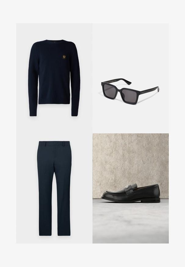 Belstaff WATCH CREWNECK JUMPER - Svetrík - dark ink; Námornícky modré upravené nohavice s textúrovanou tkaninou, rovné nohavice a predné záhyby. Obsahujú púzdra na opasok a hladký pás.; Čierny kožený loafer s kovovou značkovou platničkou ležiaci pri hnedom okrúhlom stole na béžovej koberci.; Čierne slnečné okuliare v tvare štvorca s tmavými sklami. Rám má matný povrch s zlatým nápisom "GUCCI" na strane. Pevná konštrukcia s ostrými hranami.