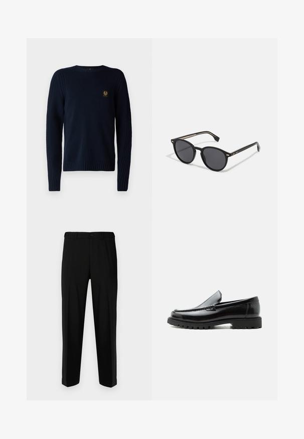 Belstaff WATCH CREWNECK JUMPER - Striktrøje - dark ink; Sorte bukser lavet af glat stof, med lige snit, to forlommer og lynlås med knaplukning.; Sort læderloafer med chunky gummisål, syet overdel og præget mærkenavn på hælen, vist i sideprofil på hvid baggrund.; BOSS Solbriller - black