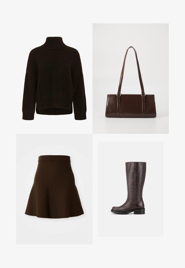 Pull à col roulé en maille marron foncé avec manches longues, poignets côtelés et ourlet légèrement courbé, plus long à l'arrière.; Jupe évasée marron en tissu doux avec une texture lisse. Elle possède une taille ajustée et un design à hauteur du genou, sans motifs visibles.; Botte haute en cuir marron foncé avec un talon bloc bas et un bout arrondi, vue de côté sur un fond blanc uni.; Sac à main en cuir verni marron de forme rectangulaire, avec deux longues poignées et des accents courbés subtils à l'avant.