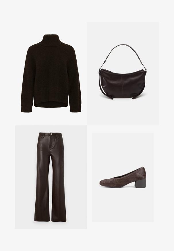 Pull à col roulé en maille marron foncé avec manches longues, poignets côtelés et ourlet légèrement courbé, plus long à l'arrière.; Vero Moda Wide-leg VMTESSA High rise - Pantalon classique - chocolate torte; Chaussure femme marron à talon bas, bout arrondi et dessus texturé, avec un talon bloc et un design sans lacets.; Sac à épaule en cuir marron foncé avec une forme courbe, texture lisse et une seule sangle réglable. Doté d'une fermeture éclair.