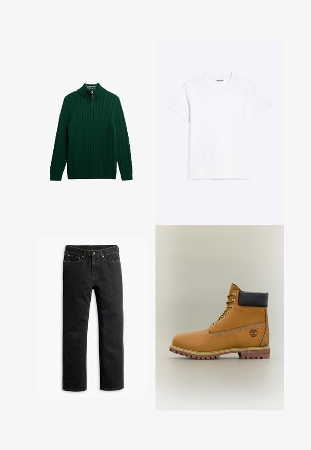 Jersey verde de punto trenzado con cuello alto y cierre de cremallera de un cuarto. Presenta puños y dobladillo acanalados, y un pequeño logotipo en la manga.; Camiseta blanca lisa de manga corta con cuello redondo y una etiqueta "WEEKDAY" en el interior del cuello trasero, mostrada sobre un fondo claro.; Jeans de mezclilla negros de pierna recta con cinco bolsillos, trabillas para cinturón y un cierre de botón en la cintura, dispuestas en una superficie plana sobre un fondo blanco.; Bota de tobillo de cuero marrón con cuello negro, cordones amarillos y suela beige. Presenta un logotipo y detalles de costura blanca. Suela exterior con tracción robusta.