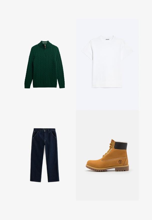 Jersey verde de punto trenzado con cuello alto y cierre de cremallera de un cuarto. Presenta puños y dobladillo acanalados, y un pequeño logotipo en la manga.; Camiseta blanca lisa de manga corta con cuello redondo y una etiqueta "WEEKDAY" en el interior del cuello trasero, mostrada sobre un fondo claro.; Pantalones vaqueros de mezclilla de color azul oscuro con corte recto, que cuentan con cinco bolsillos y costuras en blanco que contrastan a lo largo de las costuras y los bolsillos.; Botín de cuero marrón con ojales de metal, forro de piel sintética blanca, cuello acolchado negro, suela resistente y logotipo en relieve en el costado.