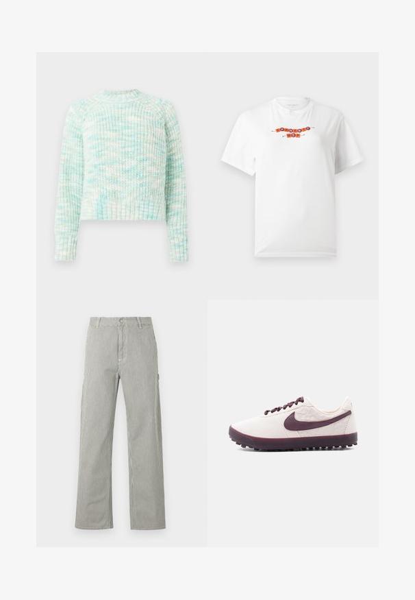 Striktrøje med struktur i lyseblå og hvide nuancer. Har en rund halsudskæring og ribbede manchetter og kant. Korte design med lange ærmer.; Hvid T-shirt med korte ærmer og "Carhartt WIP" skrevet med orange og røde blokbogstaver tværs over brystet.; Herrebukser med lige ben, tynde lodrette sorte og hvide striber, knaplukning, bæltestropper og sidelommer.; Lavprofil hvid sneaker med mørkelilla Nike-swoosh, snørebånd og sål, med et diskret blomsterprint på sidepanelet.