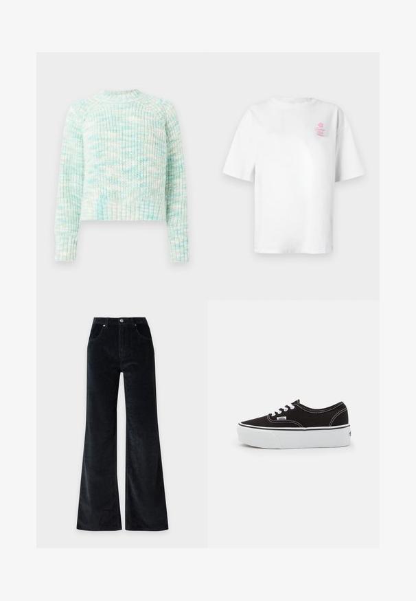 Pull en maille texturée dans des tons bleu clair et blanc. Dispose d'un col rond et de poignets et d'un ourlet côtelés. Design court avec des manches longues.; T-shirt en coton blanc à manches courtes, col rond, avec un petit logo rose "Vacation Club" sur le côté gauche de la poitrine.; Pantalon large en velours côtelé noir avec poches avant, passants de ceinture et fermeture par bouton.; Baskets en toile noires avec une semelle en caoutchouc blanc, dotées de lacets et de coutures blanches, marquage emblématique sur le côté, design basse.