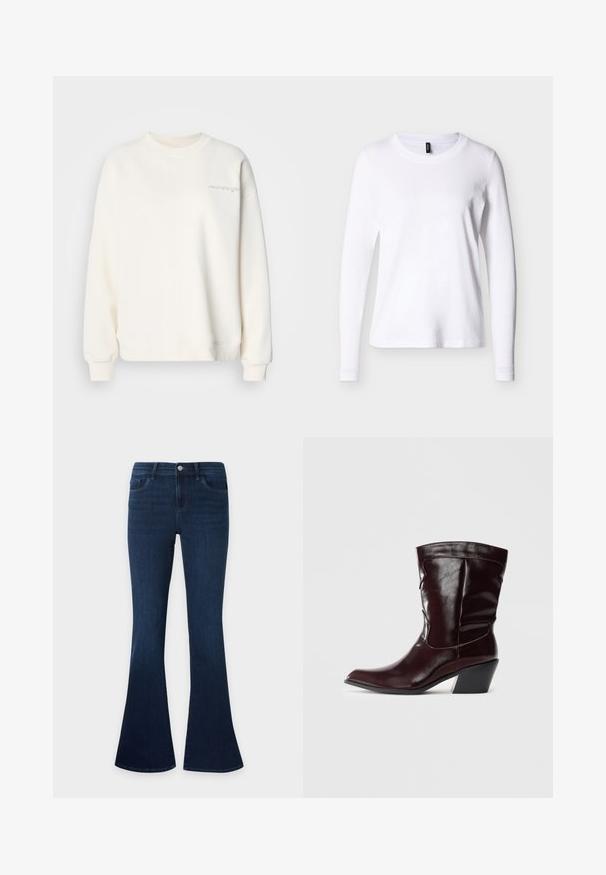 Sweatshirt beige clair avec col rond, poignets et ourlet côtelés. Présente un texte brodé subtil sur le devant. Matière douce avec une texture lisse.; T-shirt blanc à manches longues avec col rond, présenté sur un fond neutre, vue de face avec une étiquette noire au niveau du col.; Jean en denim bleu foncé avec une taille haute et des jambes évasées, avec poches avant, passants de ceinture et fermeture par bouton.; Bottines en cuir bourgogne avec un bout pointu, une surface texturée et un petit talon effilé. Présente une couture discrète et un ajustement confortable.