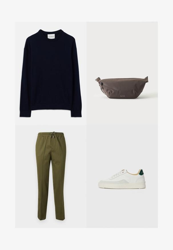 Marineblaues Langarm-Crewneck-Sweatshirt mit gerippten Bündchen und Saum, versehen mit einem kleinen weißen Etikett mit "CLOSED" am Kragen.; Olivengrüne, leichte Hose mit einem elastischen Bund, Kordelzugverschluss und tailliertem Design mit vorderen Bügelfalten.; Weiße Sneaker mit Wildlederelementen, runder Zehenpartie, flachen Schnürsenkeln und einer cremefarbenen Gummisohle. Mit grünen Markenlogo am Fersenbereich.; Dunkelbraune Stoff-Gürteltasche mit diagonalem Reißverschlussfach und kleinem weißen Logo vorne, vor einem einfarbigen hellen Hintergrund.