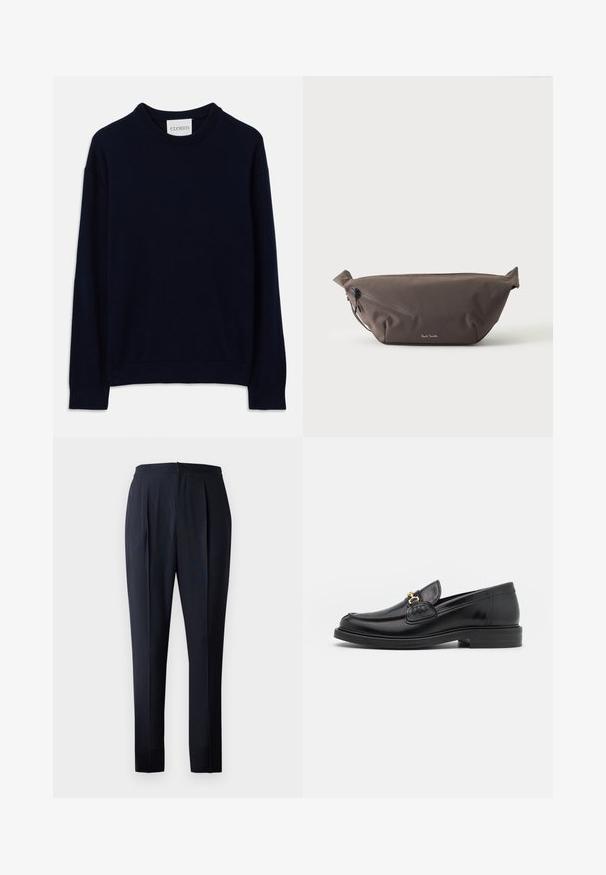 Marineblaues Langarm-Crewneck-Sweatshirt mit gerippten Bündchen und Saum, versehen mit einem kleinen weißen Etikett mit "CLOSED" am Kragen.; Marineblaue Hose mit lockerer Passform, gefaltetem Vorderteil und elastischem Bund. Der Stoff wirkt glatt mit einem dezenten Glanz.; Schwarze Lederleter mit einer abgerundeten Zehenpartie, ausgestattet mit goldenen Hardwareakzenten und Stichdetails, auf einer niedrigen, strukturierten Gummisohle.; Dunkelbraune Stoff-Gürteltasche mit diagonalem Reißverschlussfach und kleinem weißen Logo vorne, vor einem einfarbigen hellen Hintergrund.